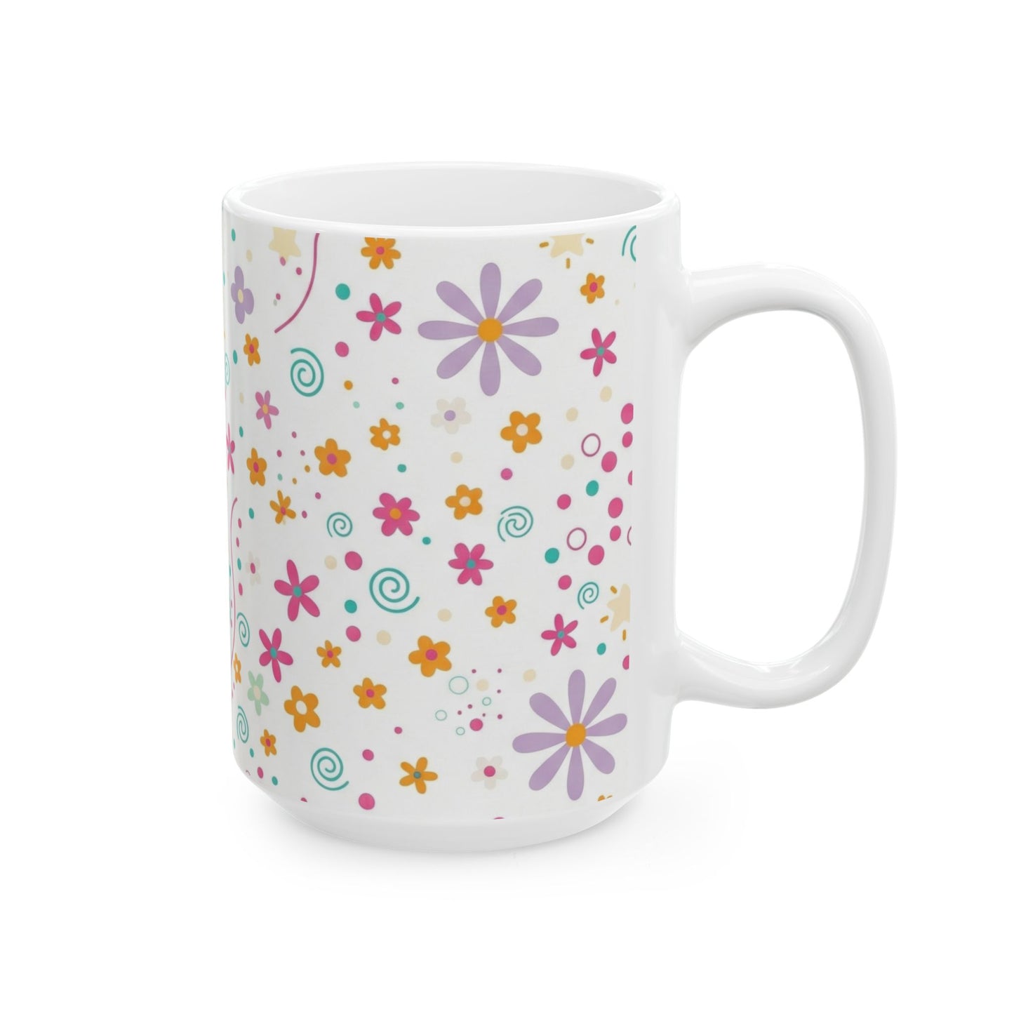 Floral Cat Ceramic Mug – Cute Pastel Kitty & Doodle Flowers (11oz, 15oz)