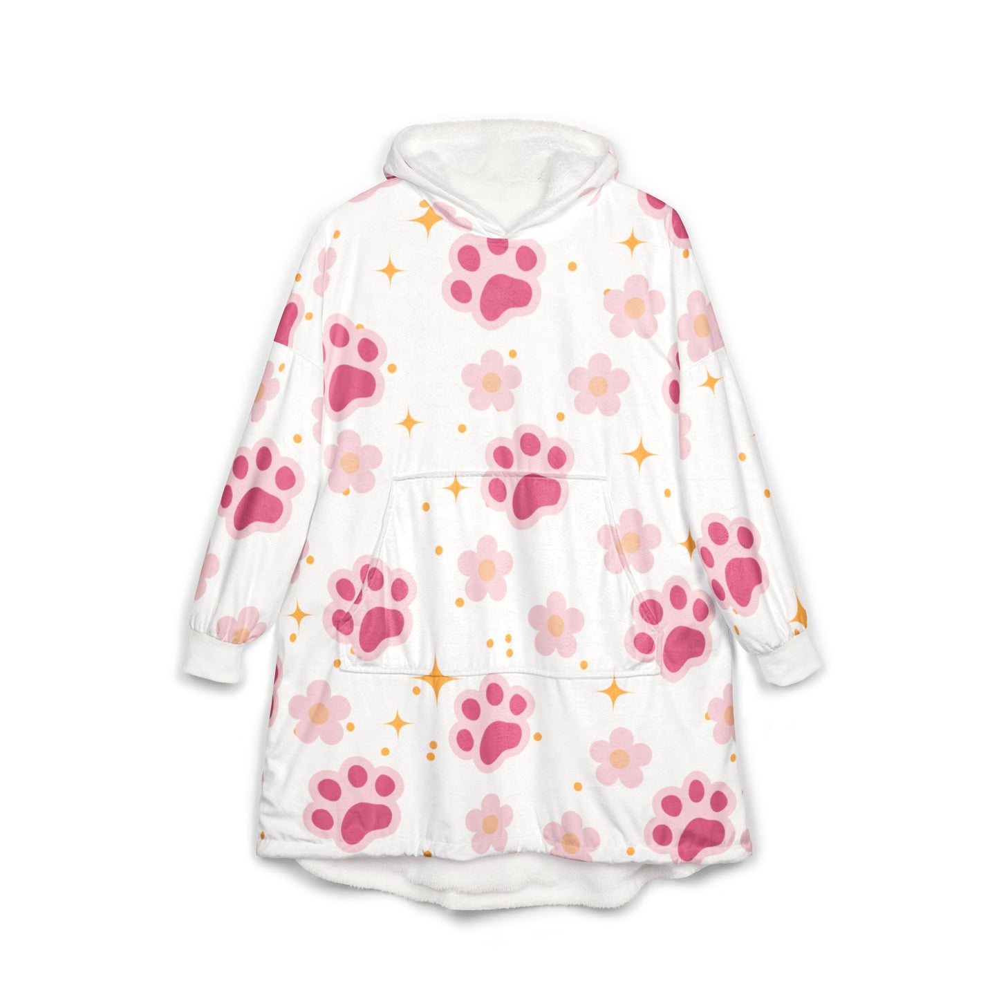 Paw Print Hooded Blanket — Cozy Pink Floral Paw Sherpa Robe