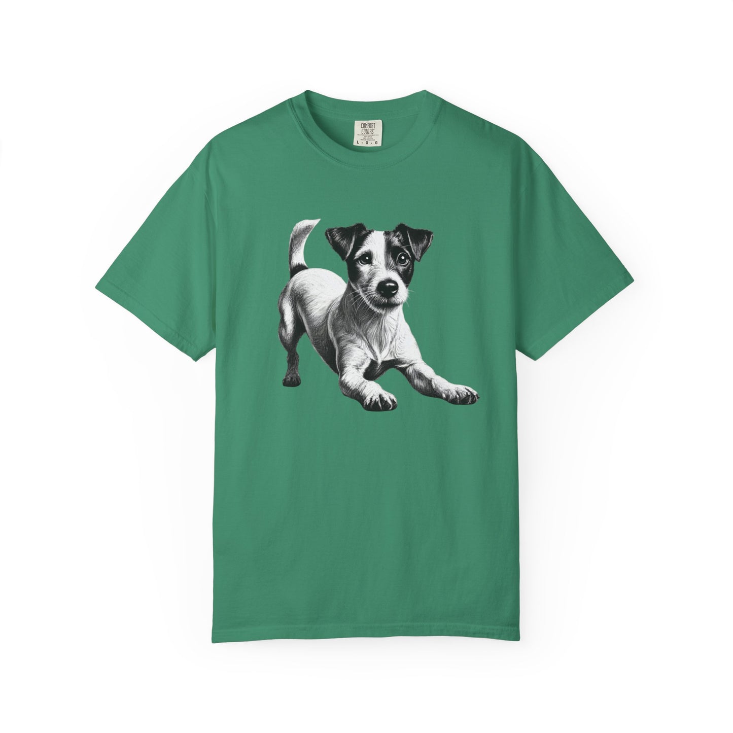 Jack Russell Puppy Graphic T-Shirt — Playful Dog Tee with Paw Print Back