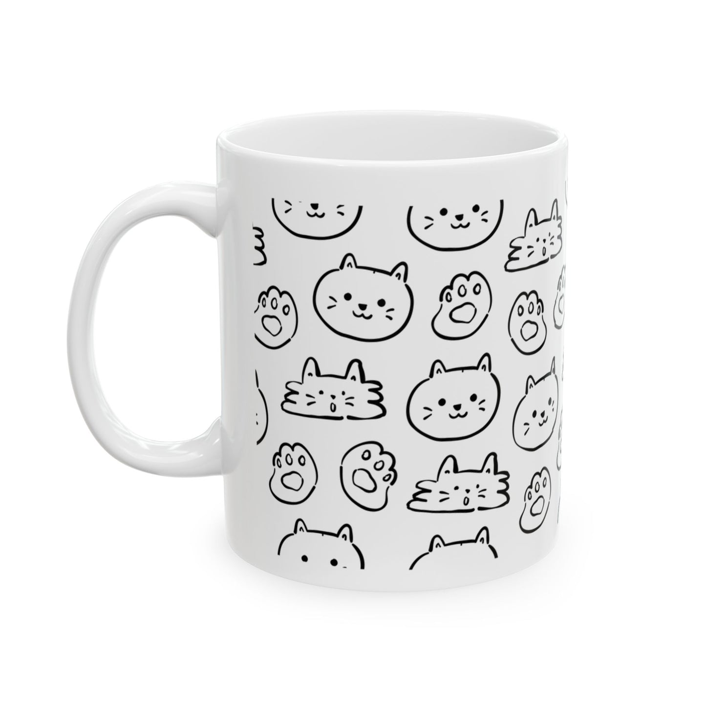Cute Cat Pattern Ceramic Mug — Black Doodle Paw & Kitty Faces (11oz, 15oz)