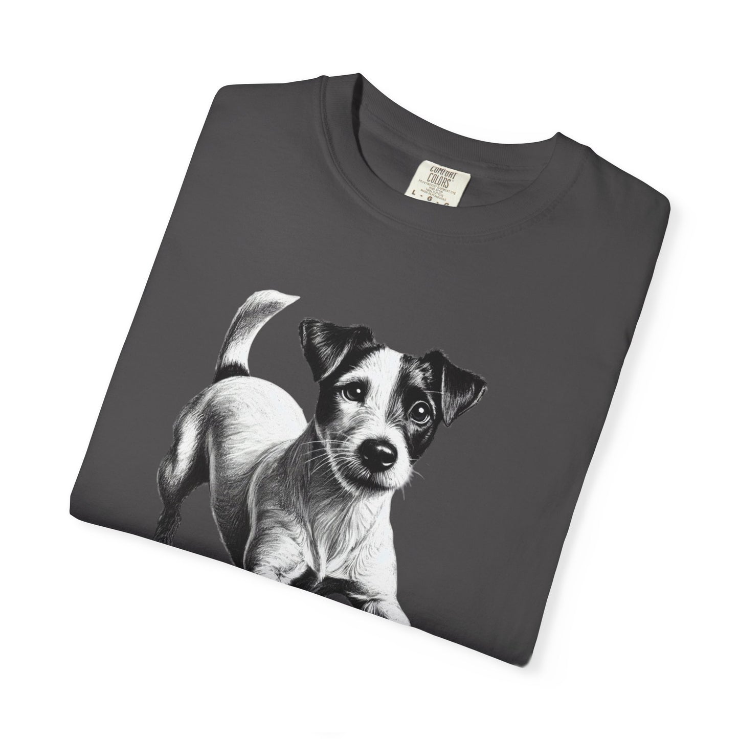 Jack Russell Puppy Graphic T-Shirt — Playful Dog Tee with Paw Print Back