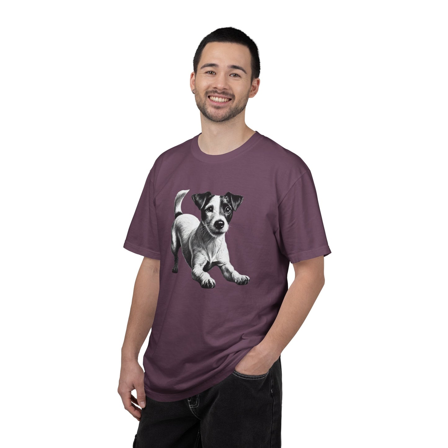 Jack Russell Puppy Graphic T-Shirt — Playful Dog Tee with Paw Print Back