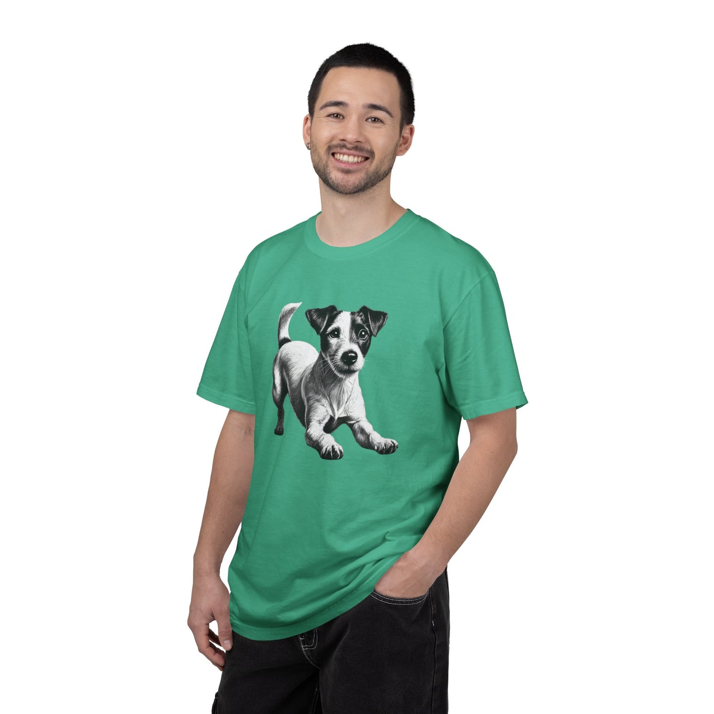 Jack Russell Puppy Graphic T-Shirt — Playful Dog Tee with Paw Print Back