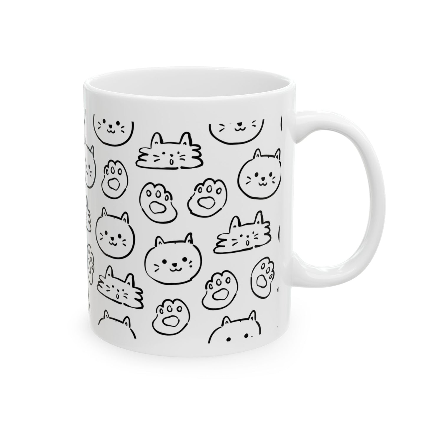 Cute Cat Pattern Ceramic Mug — Black Doodle Paw & Kitty Faces (11oz, 15oz)
