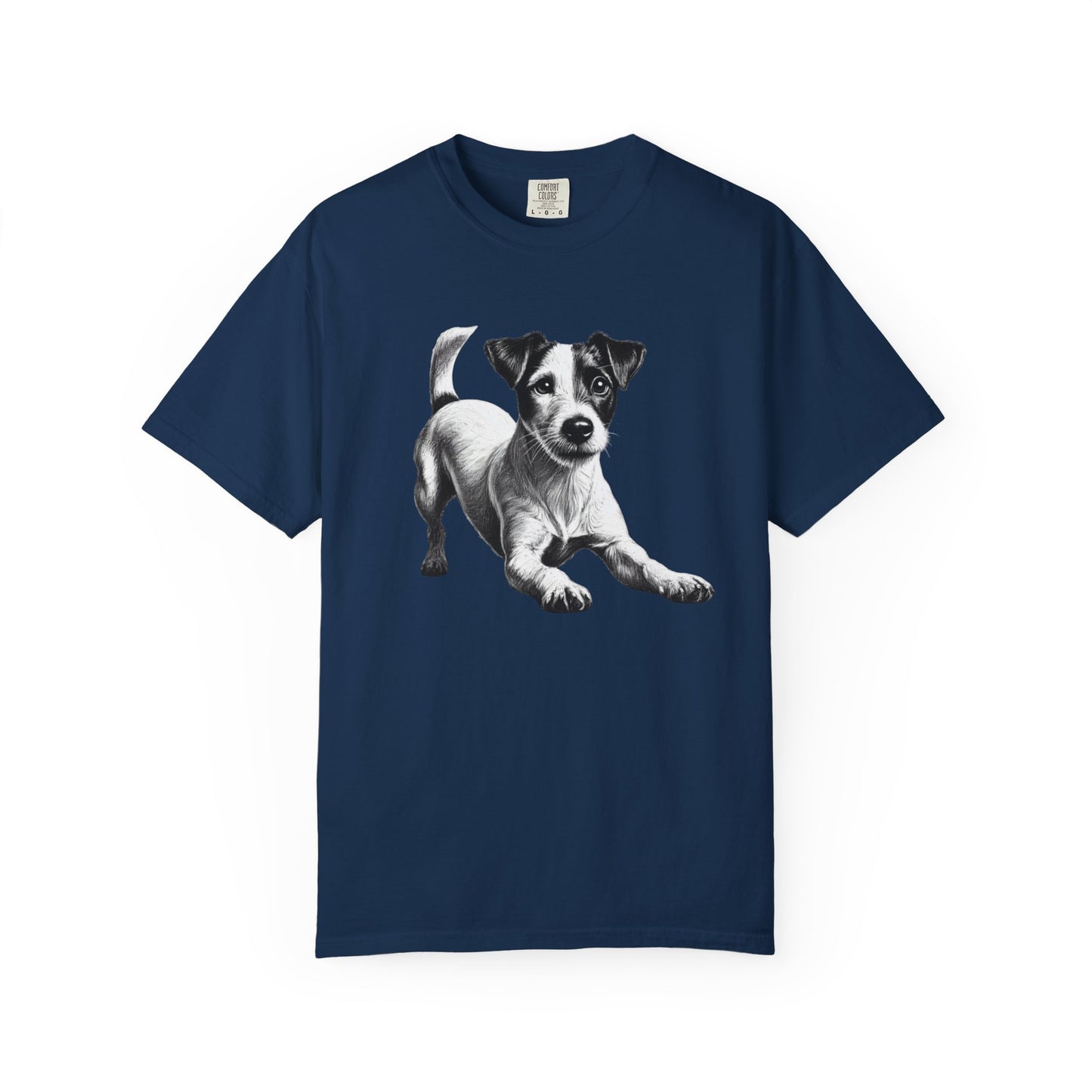 Jack Russell Puppy Graphic T-Shirt — Playful Dog Tee with Paw Print Back