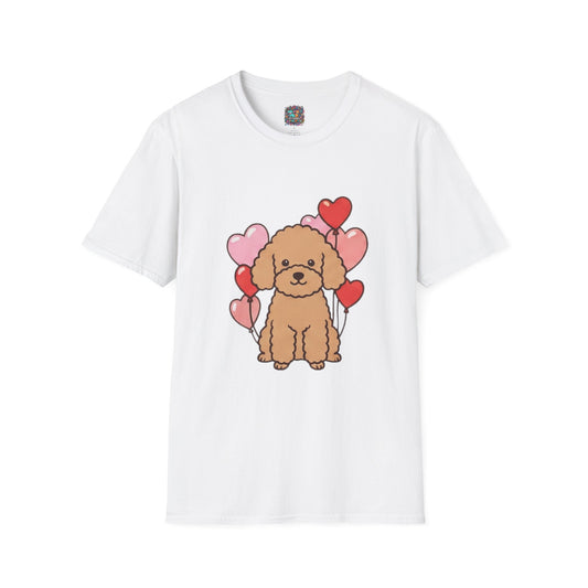 Dog Lover T-Shirt — Cute Puppy with Heart Balloons (Back Text: "thank u a saving an animal")
