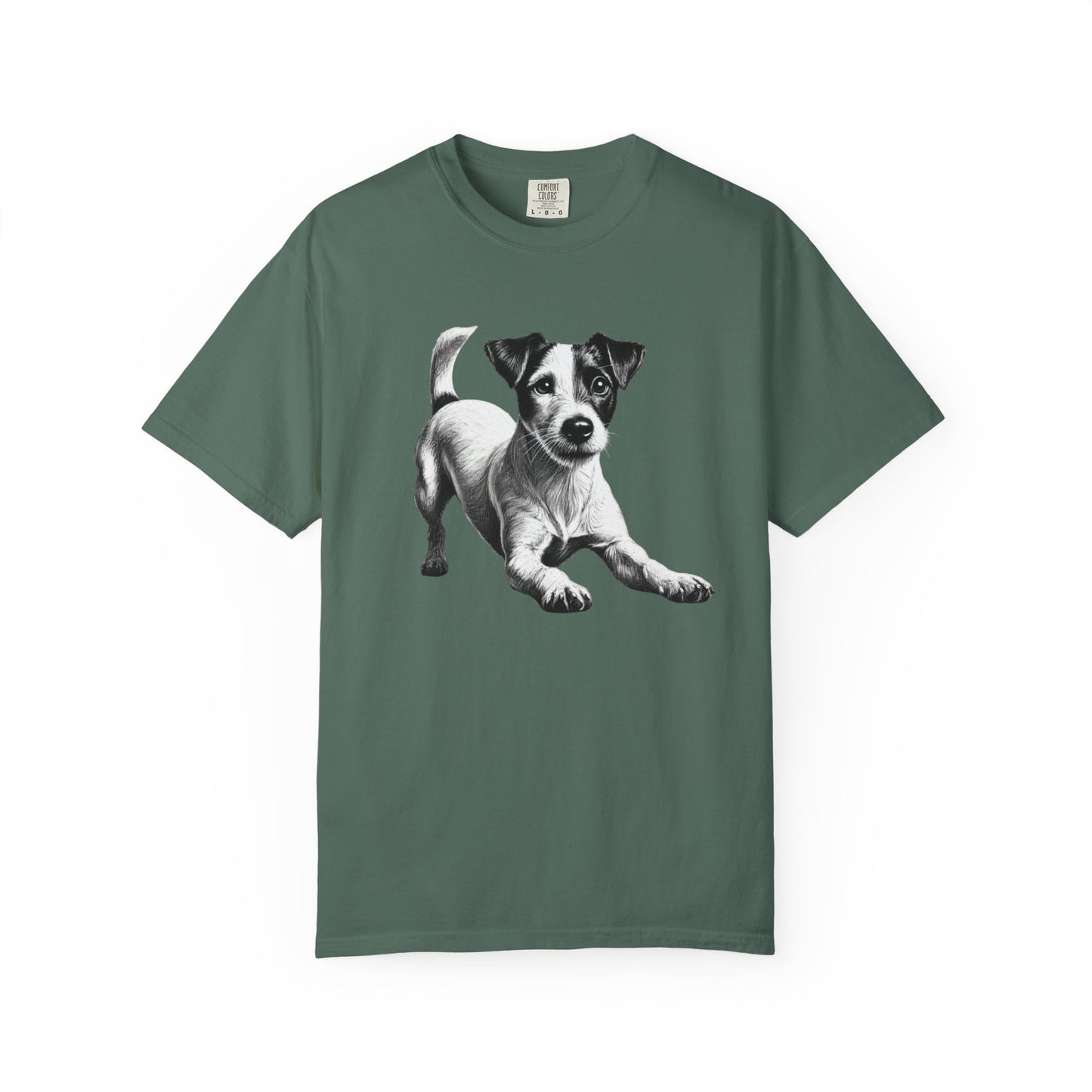 Jack Russell Puppy Graphic T-Shirt — Playful Dog Tee with Paw Print Back