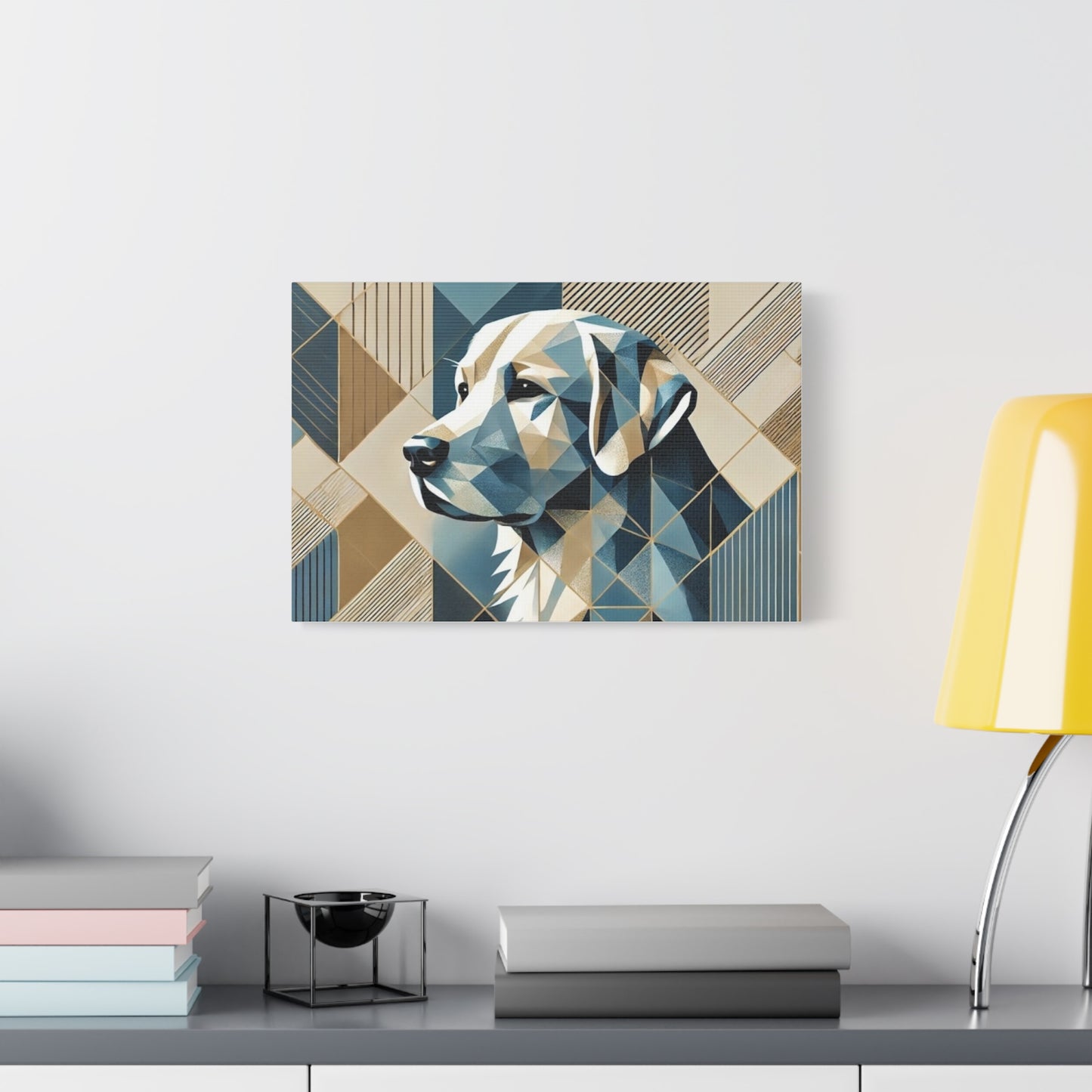 Geometric Labrador Canvas Wall Art — Modern Blue & Gold Dog Portrait, Stretched Matte Canvas