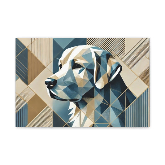 Geometric Labrador Canvas Wall Art — Modern Blue & Gold Dog Portrait, Stretched Matte Canvas