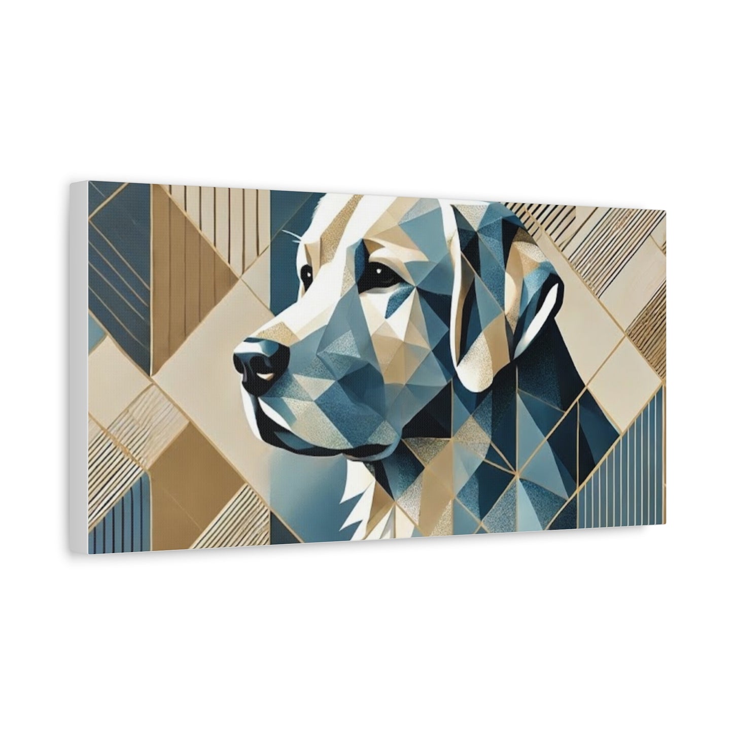 Geometric Labrador Canvas Wall Art — Modern Blue & Gold Dog Portrait, Stretched Matte Canvas