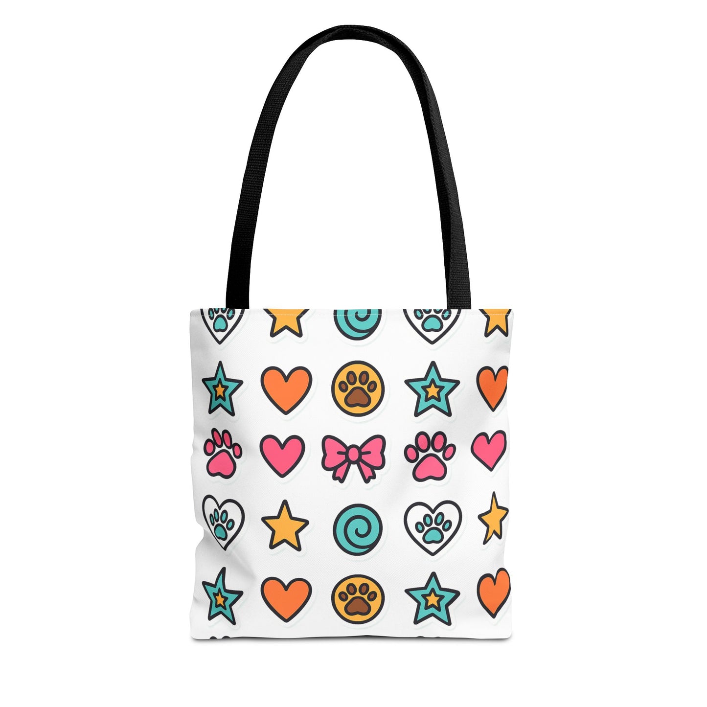 Cute Paw Print Pattern Tote Bag – Colorful Hearts, Stars & Bows All-Over Print