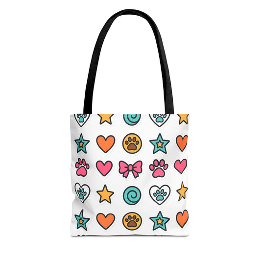 Cute Paw Print Pattern Tote Bag – Colorful Hearts, Stars & Bows All-Over Print