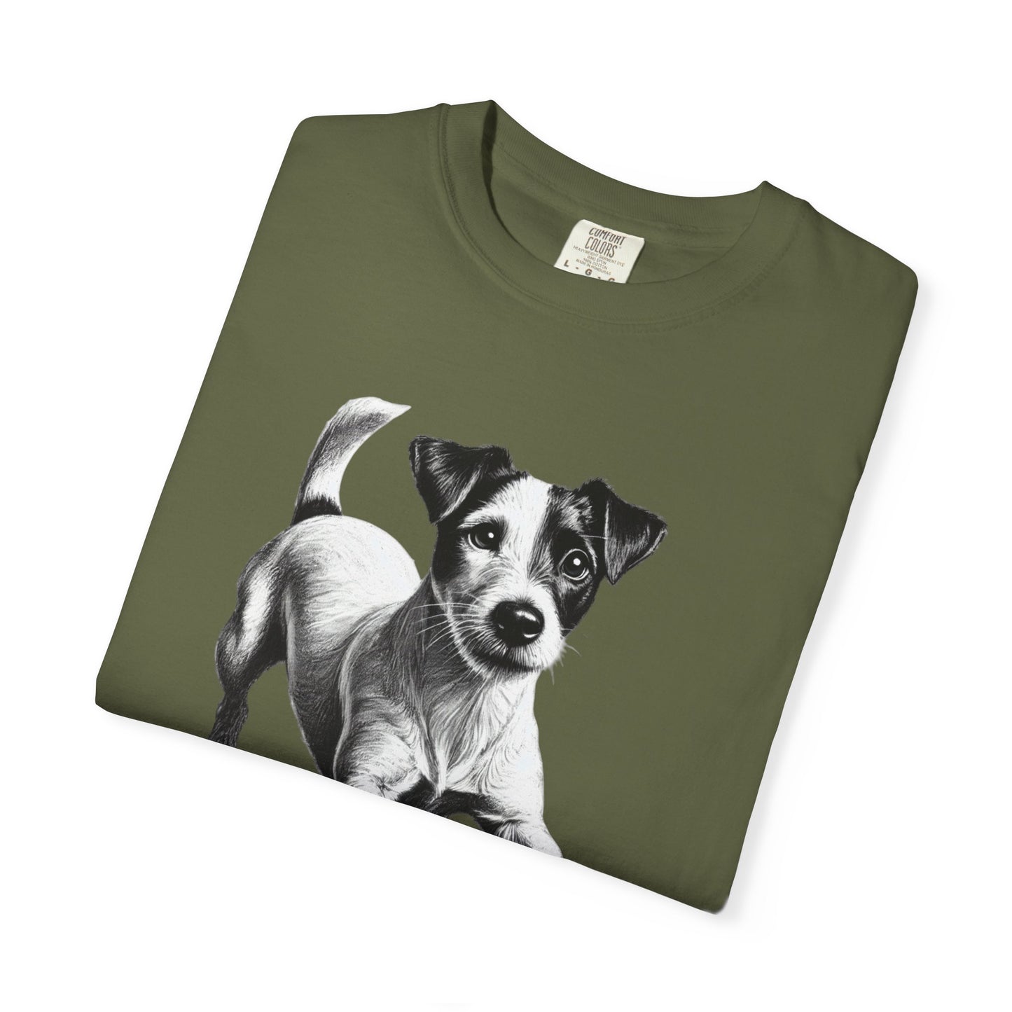 Jack Russell Puppy Graphic T-Shirt — Playful Dog Tee with Paw Print Back
