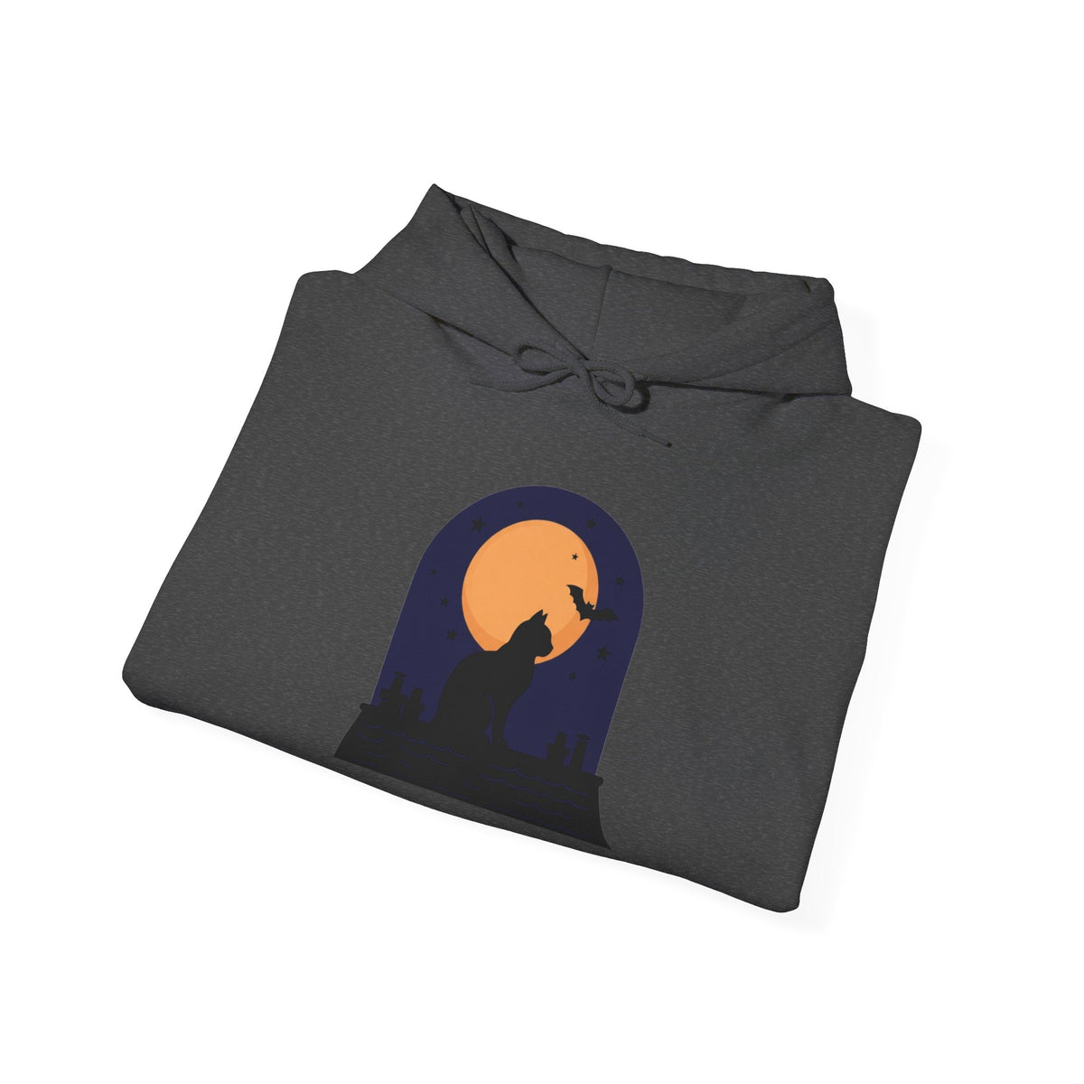 Black Cat Moon Silhouette Hoodie — Halloween Rooftop Scene