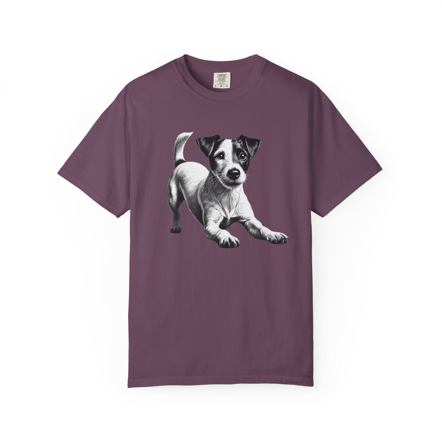 Jack Russell Puppy Graphic T-Shirt — Playful Dog Tee with Paw Print Back