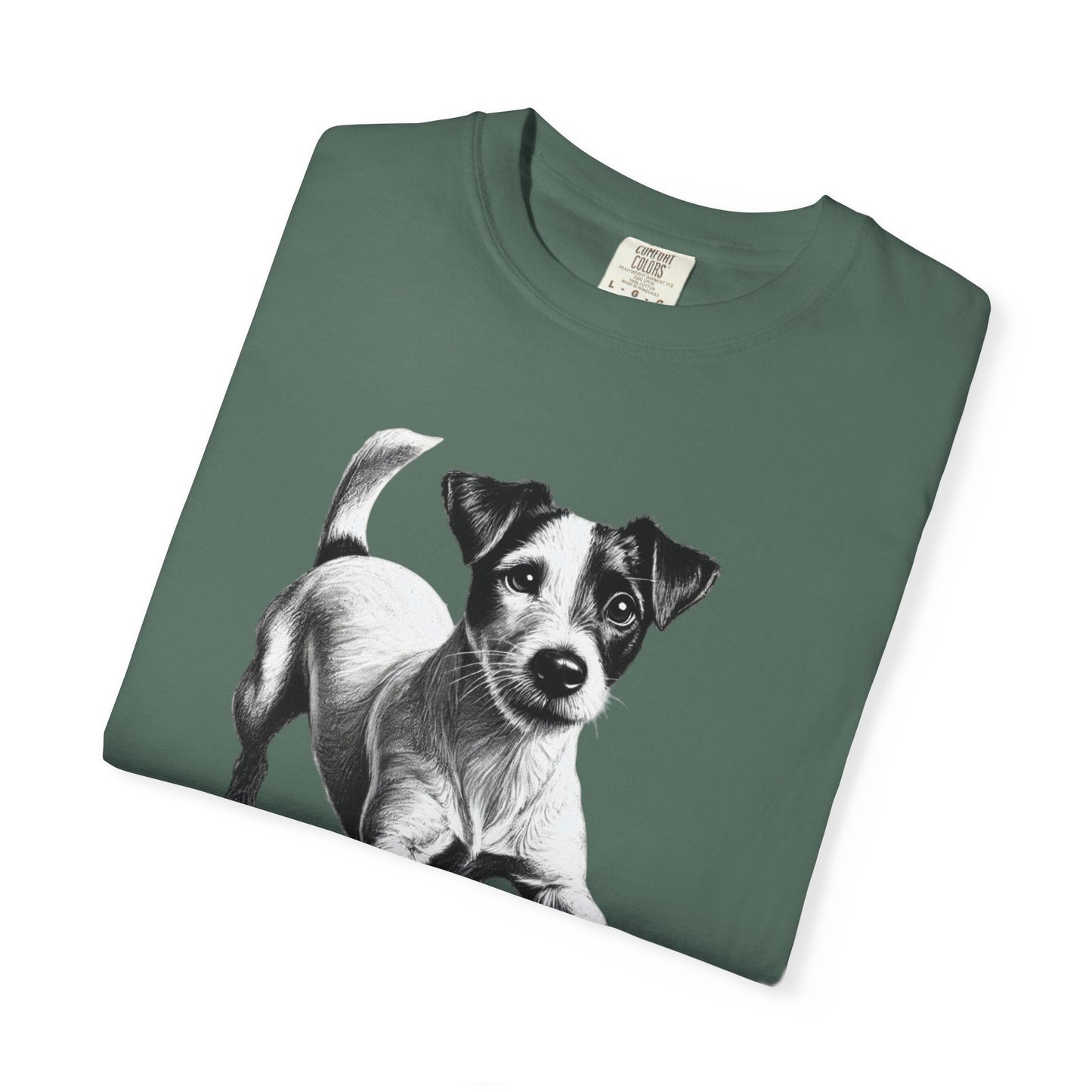 Jack Russell Puppy Graphic T-Shirt — Playful Dog Tee with Paw Print Back