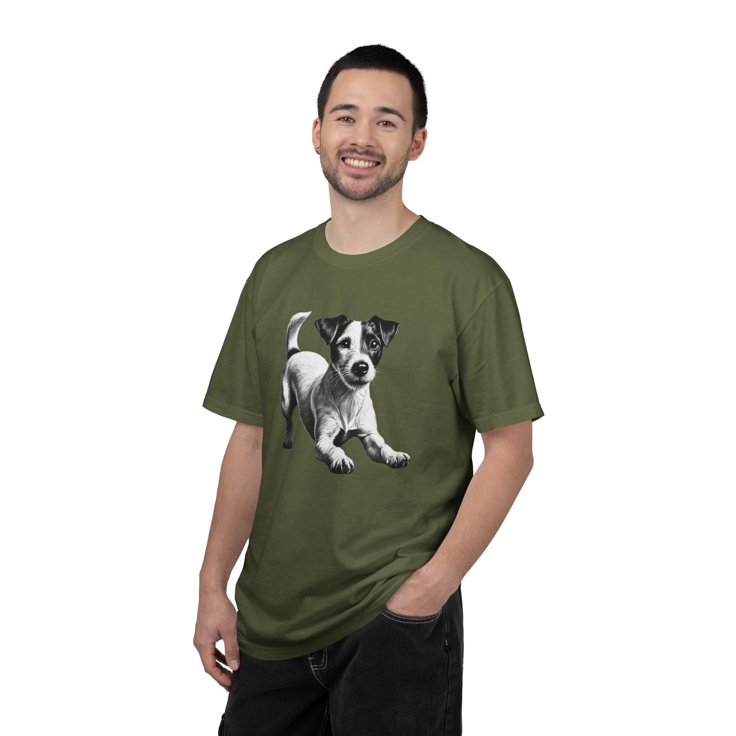 Jack Russell Puppy Graphic T-Shirt — Playful Dog Tee with Paw Print Back