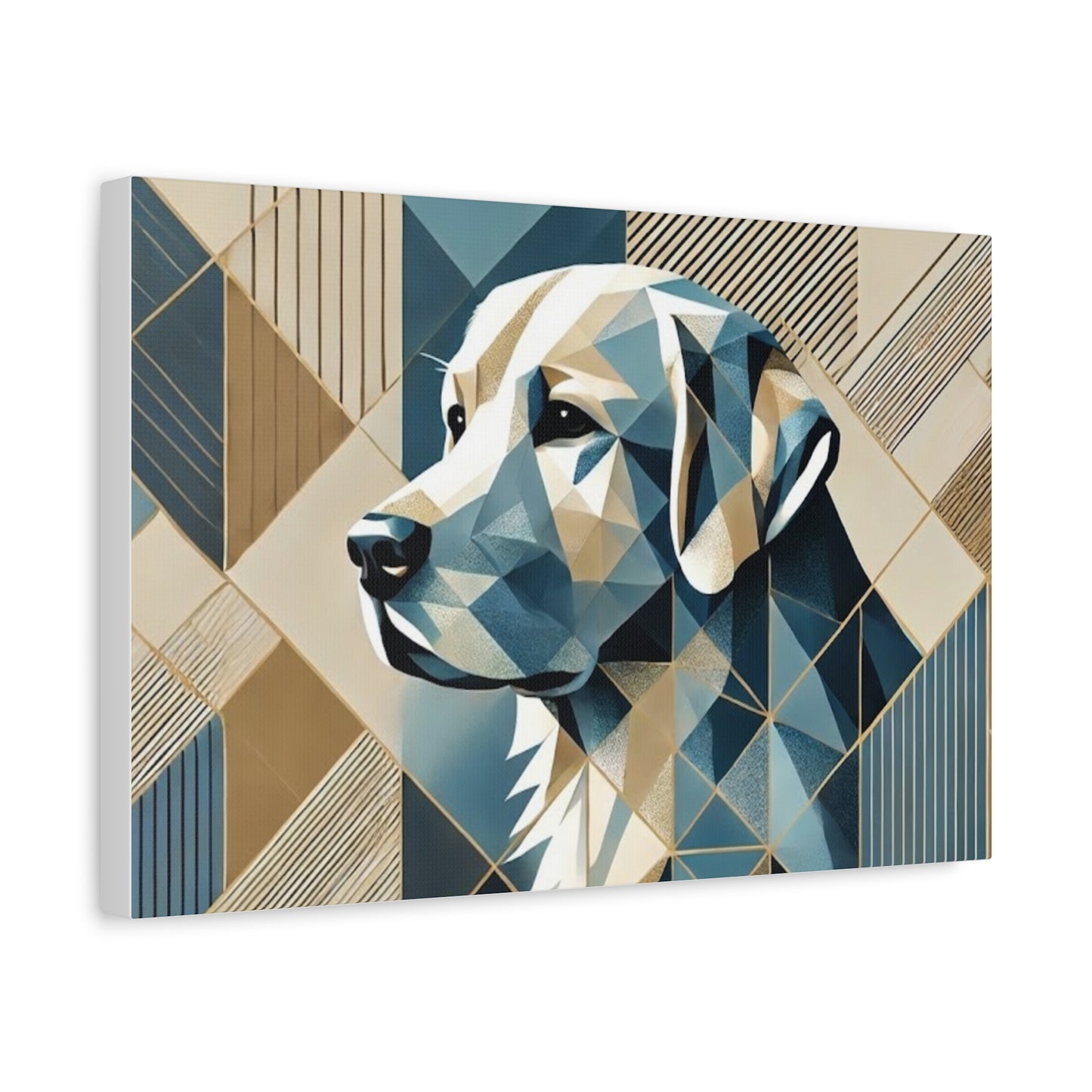 Geometric Labrador Canvas Wall Art — Modern Blue & Gold Dog Portrait, Stretched Matte Canvas