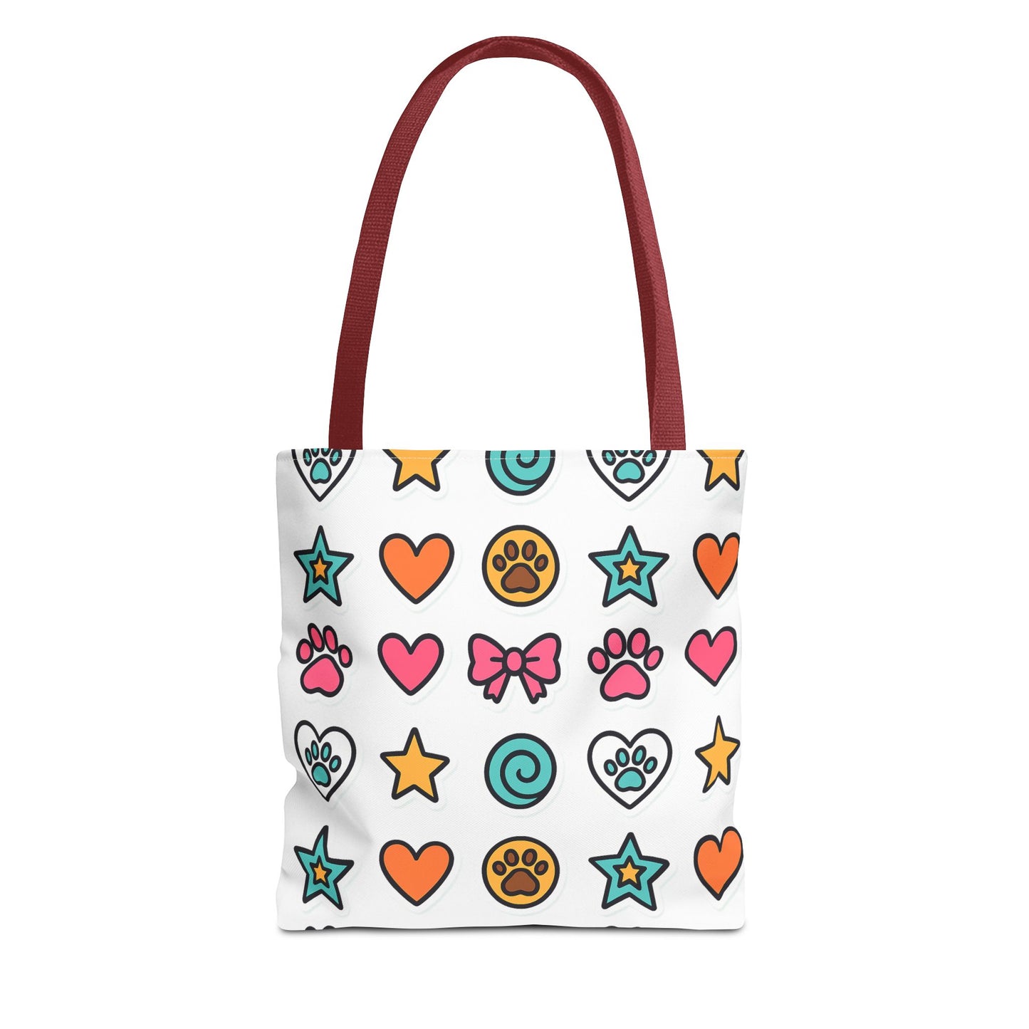 Cute Paw Print Pattern Tote Bag – Colorful Hearts, Stars & Bows All-Over Print