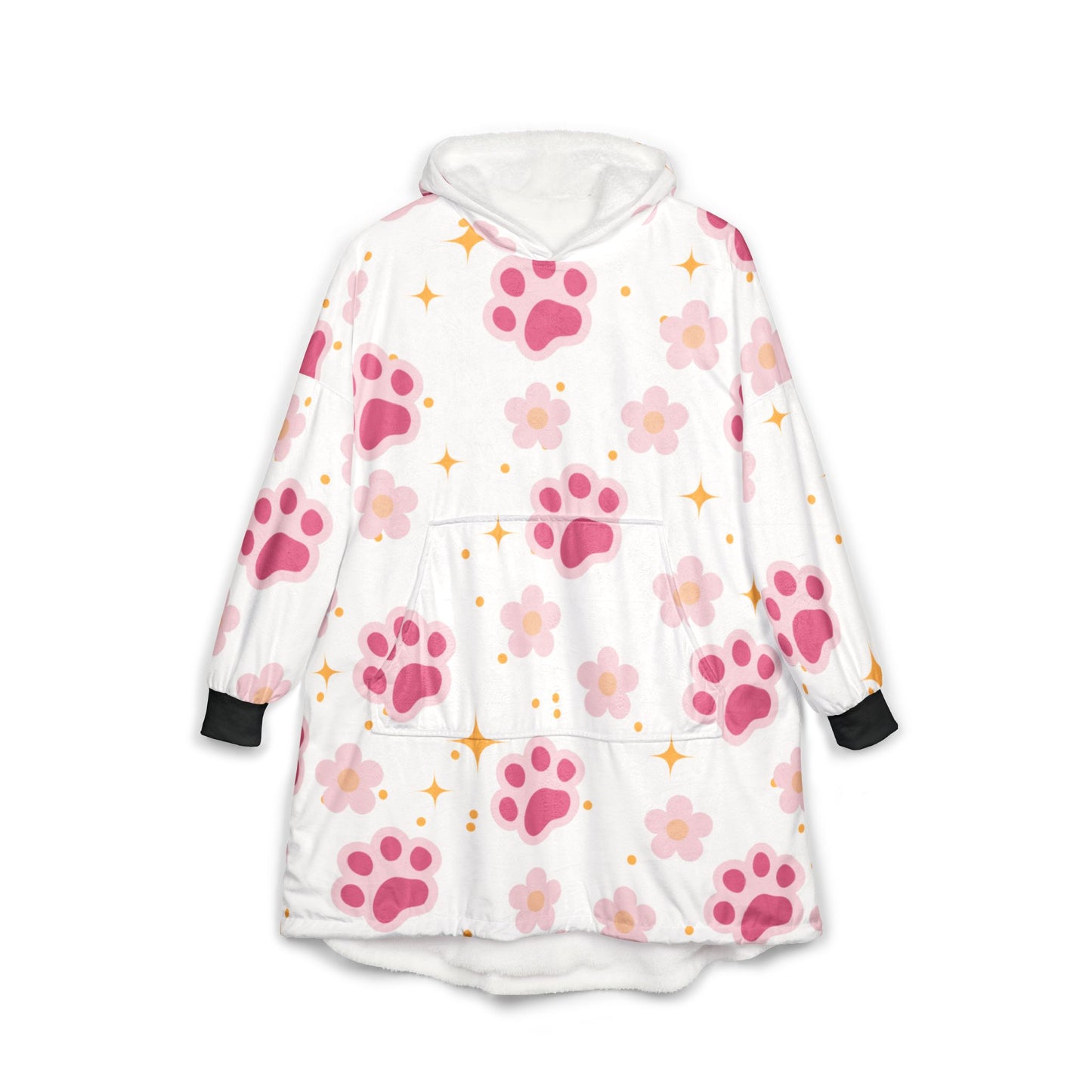 Paw Print Hooded Blanket — Cozy Pink Floral Paw Sherpa Robe