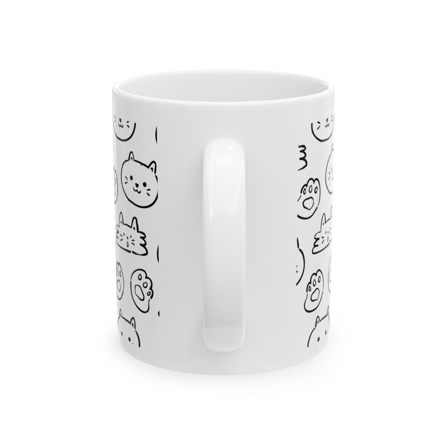 Cute Cat Pattern Ceramic Mug — Black Doodle Paw & Kitty Faces (11oz, 15oz)