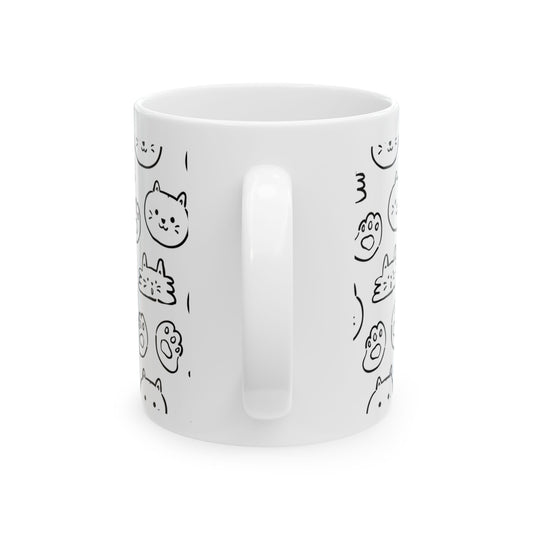 Cute Cat Pattern Ceramic Mug — Black Doodle Paw & Kitty Faces (11oz, 15oz)