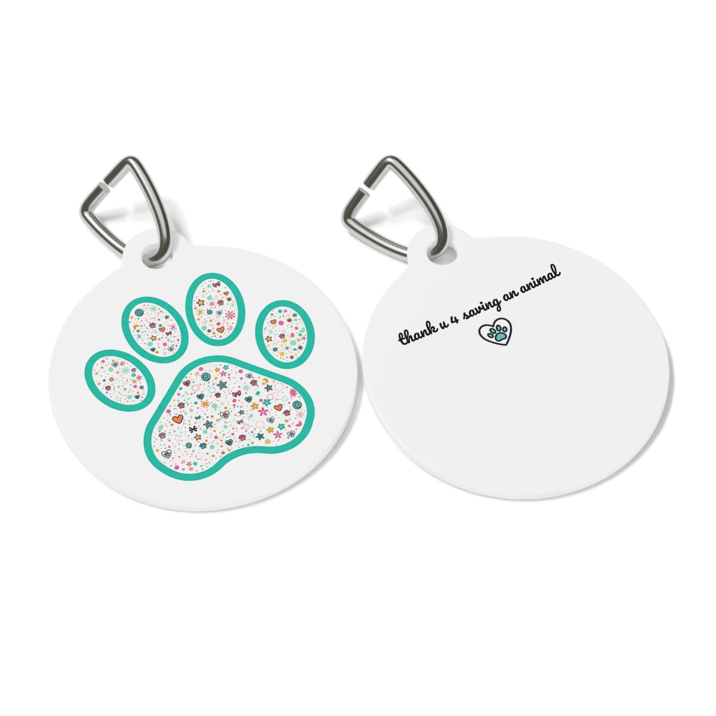 Pet Tag — Floral Confetti Paw Print ID Tag ("thank u 4 saving an animal")