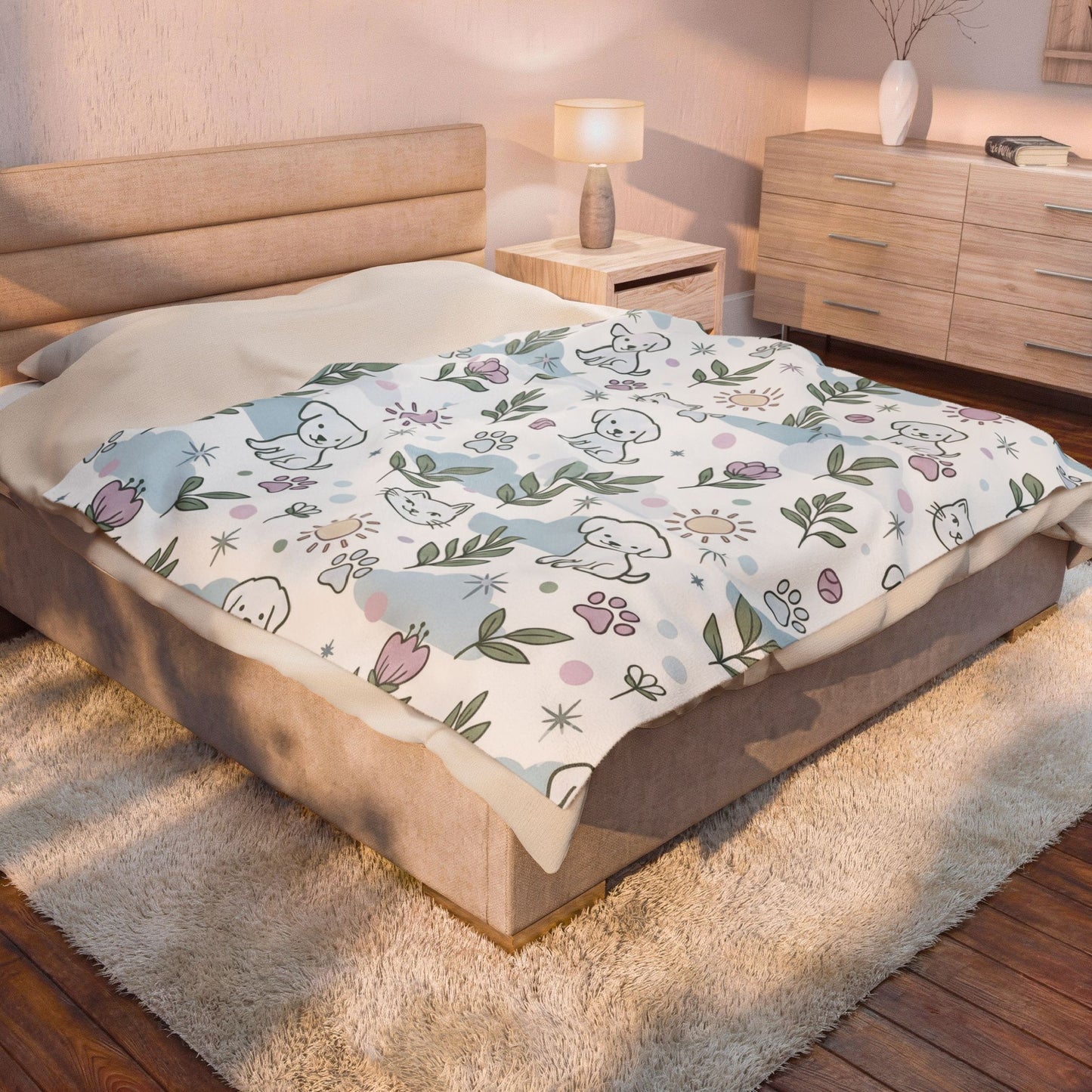 Cute Pets Velveteen Plush Blanket — Soft Floral Puppy & Kitten Throw for Nursery, Kids & Pet Lovers
