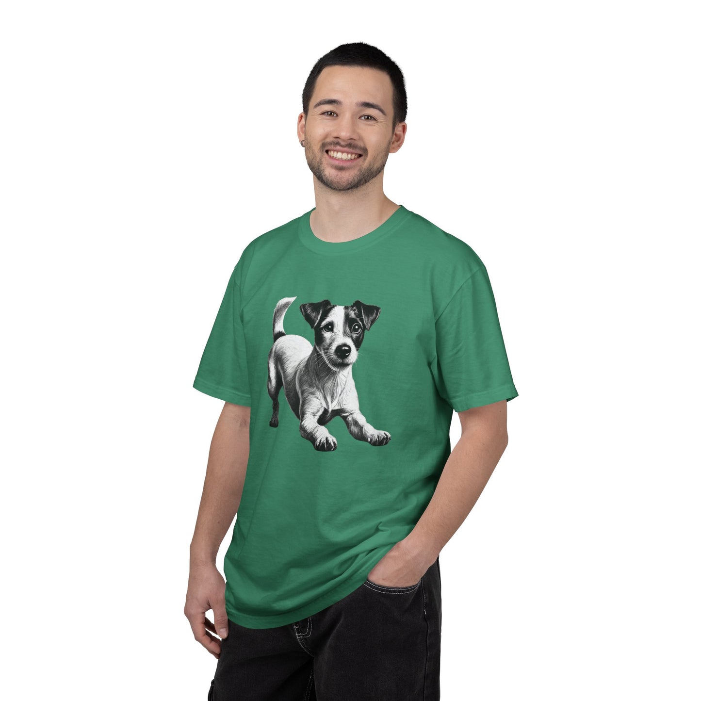 Jack Russell Puppy Graphic T-Shirt — Playful Dog Tee with Paw Print Back