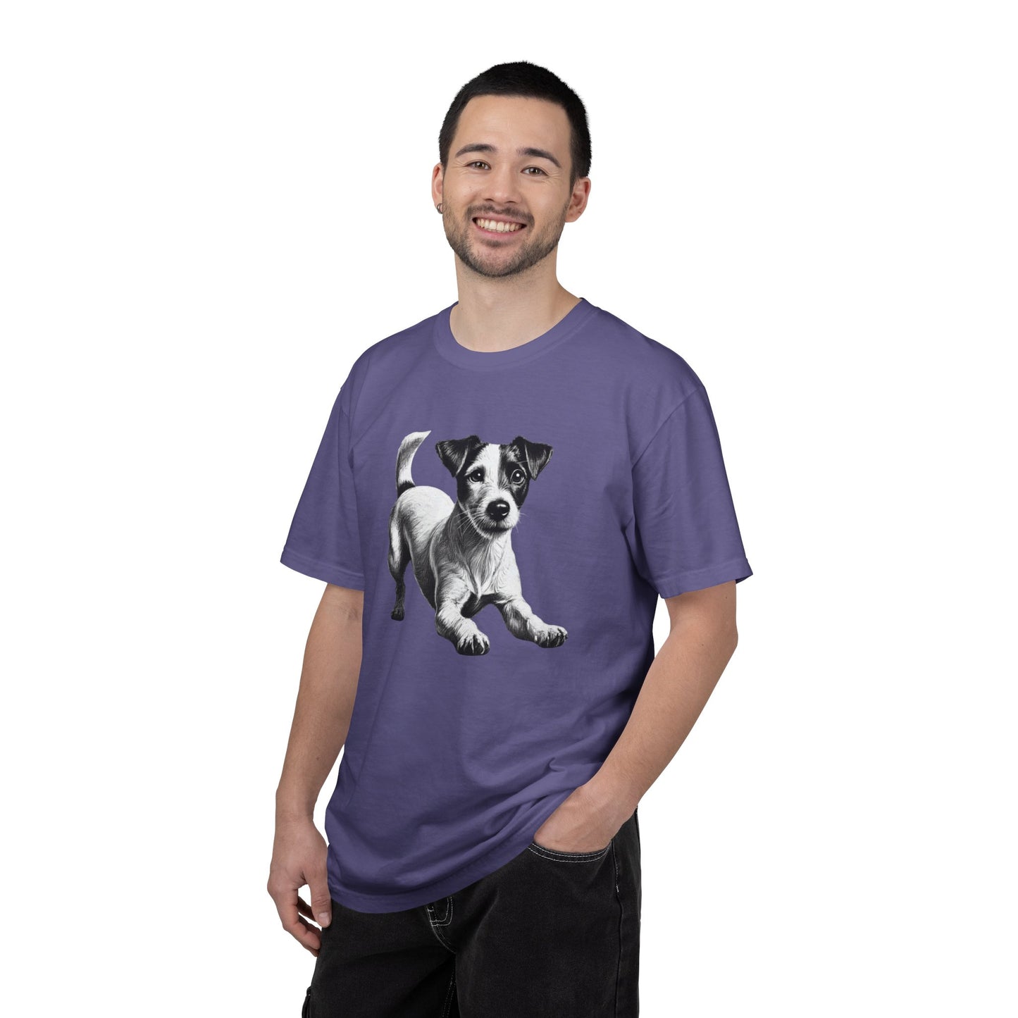 Jack Russell Puppy Graphic T-Shirt — Playful Dog Tee with Paw Print Back