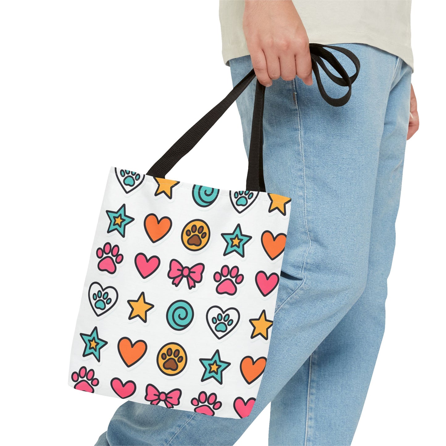 Cute Paw Print Pattern Tote Bag – Colorful Hearts, Stars & Bows All-Over Print