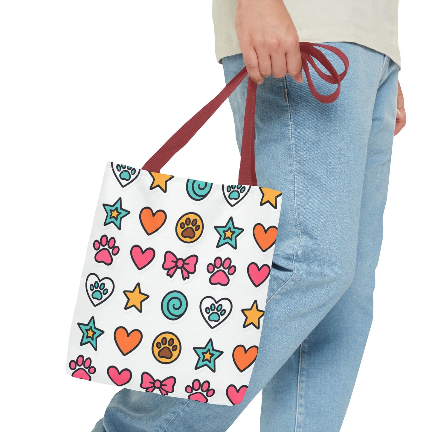 Cute Paw Print Pattern Tote Bag – Colorful Hearts, Stars & Bows All-Over Print