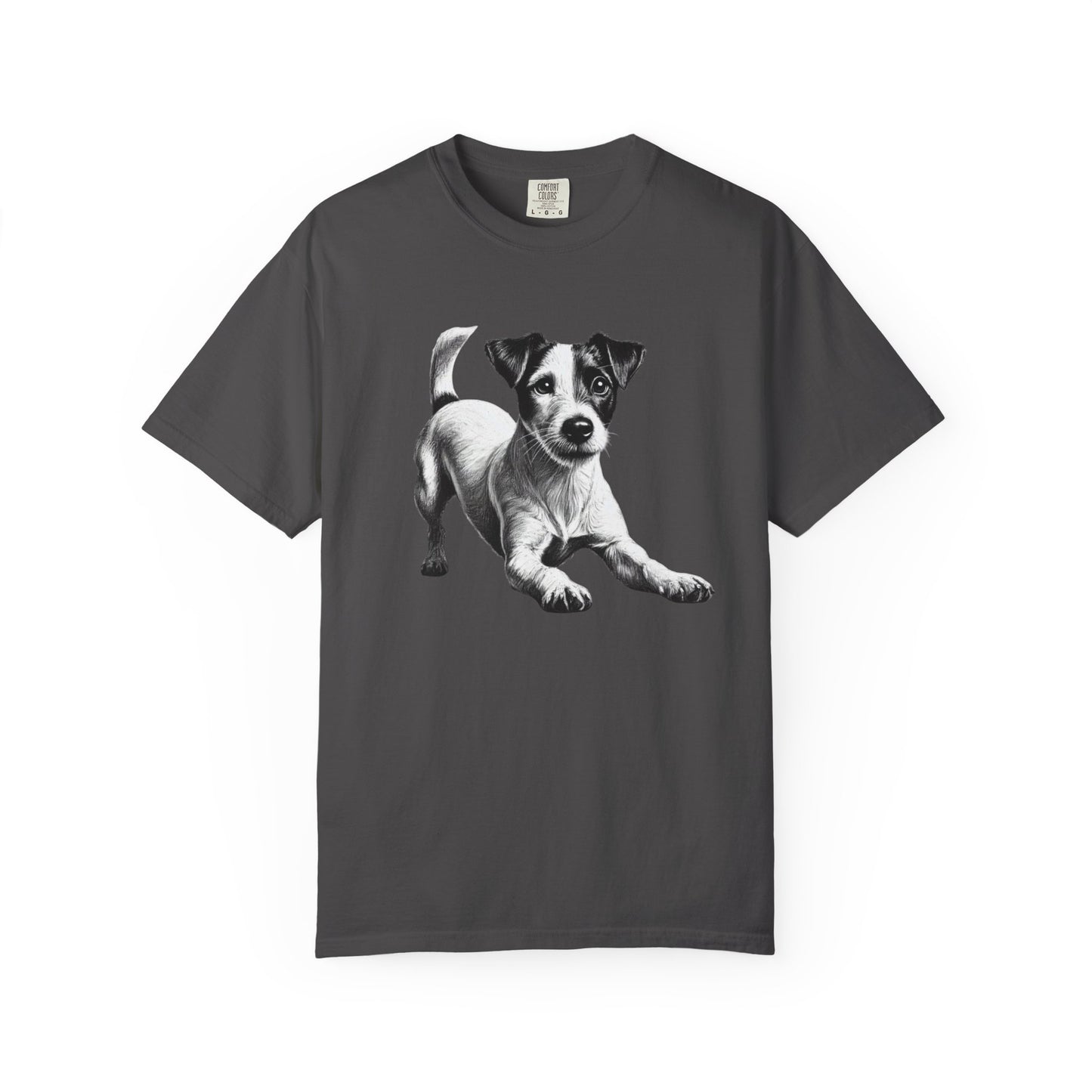 Jack Russell Puppy Graphic T-Shirt — Playful Dog Tee with Paw Print Back