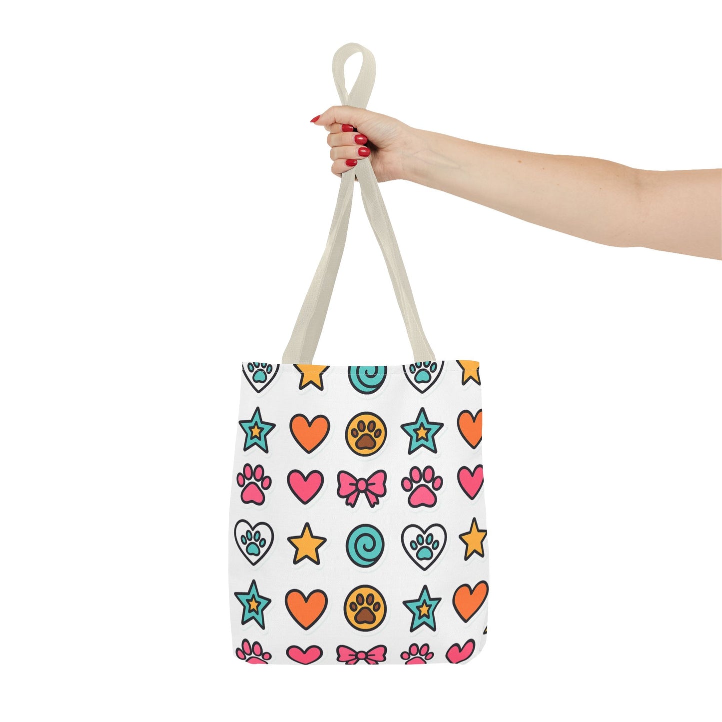 Cute Paw Print Pattern Tote Bag – Colorful Hearts, Stars & Bows All-Over Print