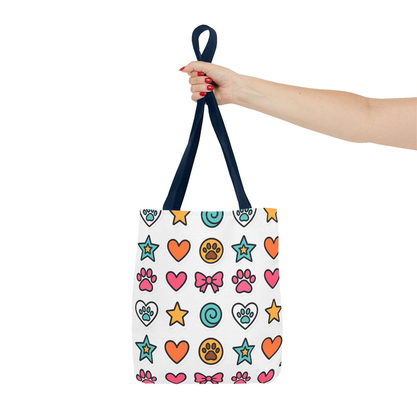 Cute Paw Print Pattern Tote Bag – Colorful Hearts, Stars & Bows All-Over Print