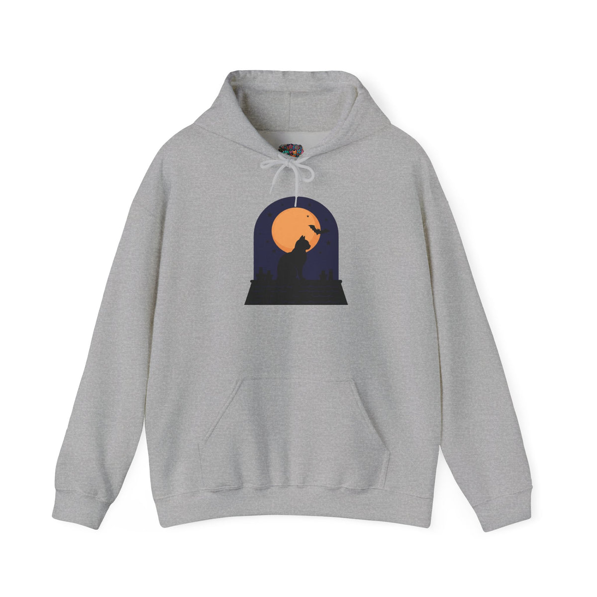 Black Cat Moon Silhouette Hoodie — Halloween Rooftop Scene