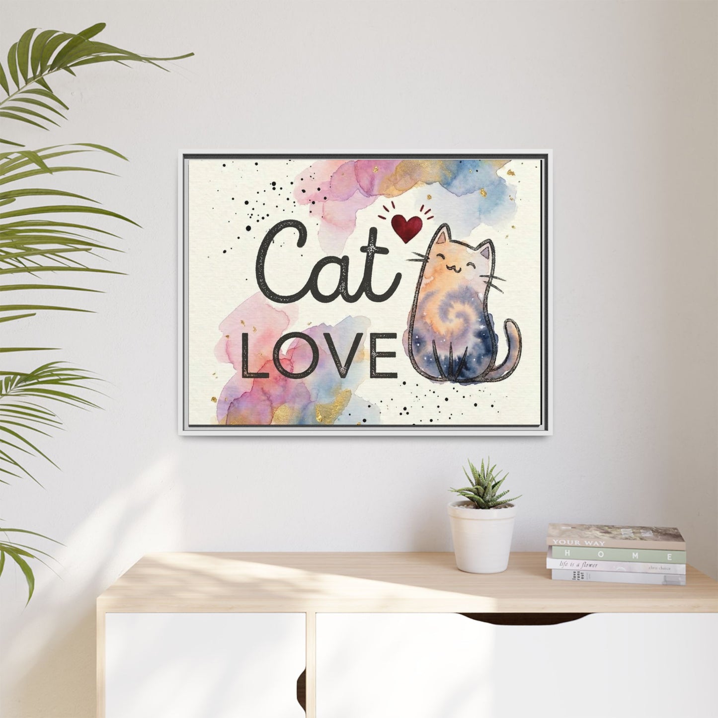 Cat Love Framed Canvas Print — Watercolor Cat Wall Art