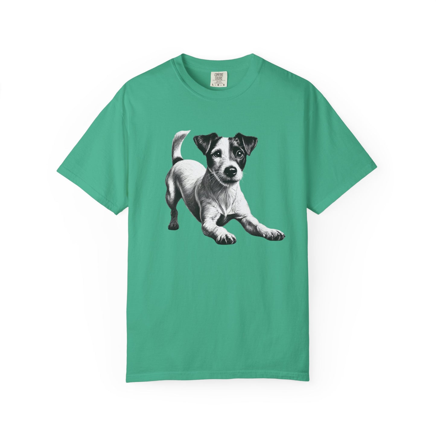Jack Russell Puppy Graphic T-Shirt — Playful Dog Tee with Paw Print Back