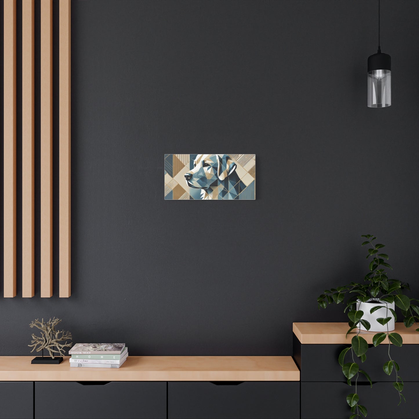 Geometric Labrador Canvas Wall Art — Modern Blue & Gold Dog Portrait, Stretched Matte Canvas