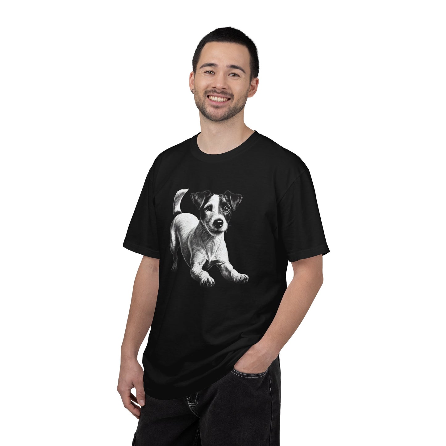 Jack Russell Puppy Graphic T-Shirt — Playful Dog Tee with Paw Print Back