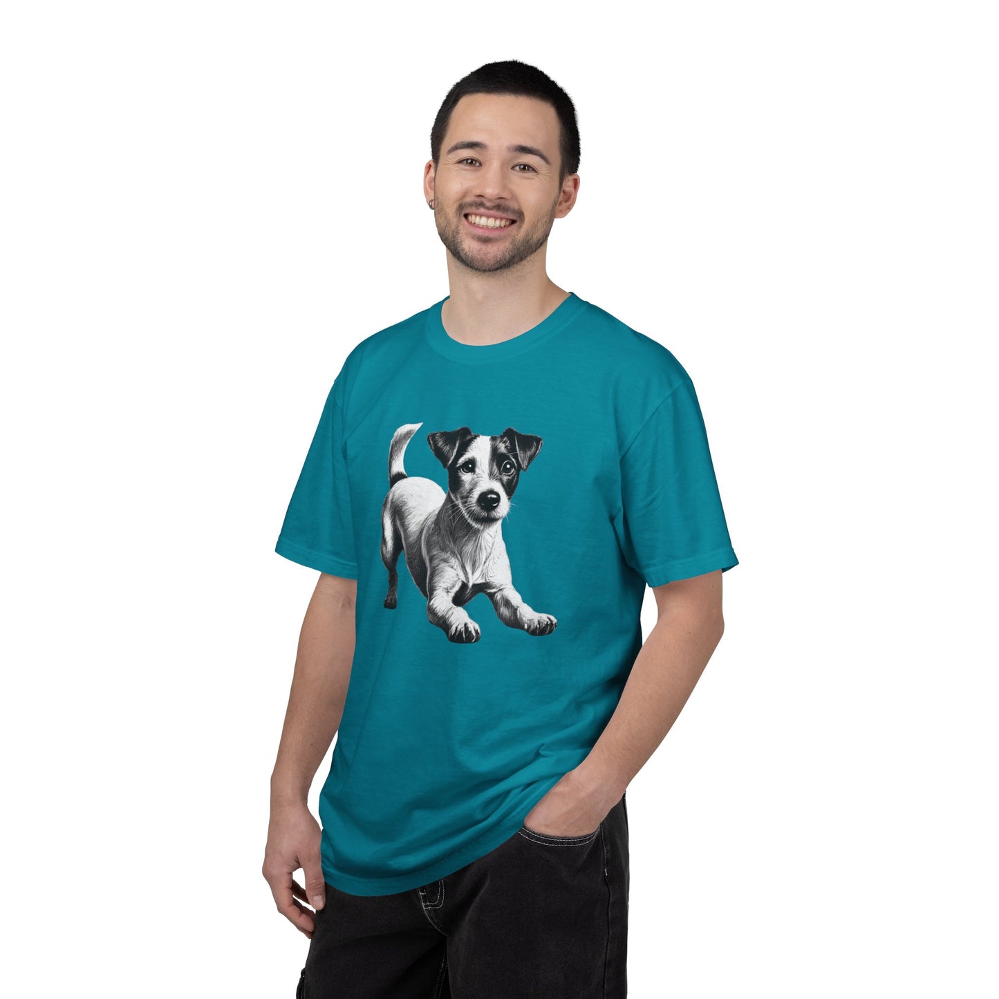 Jack Russell Puppy Graphic T-Shirt — Playful Dog Tee with Paw Print Back