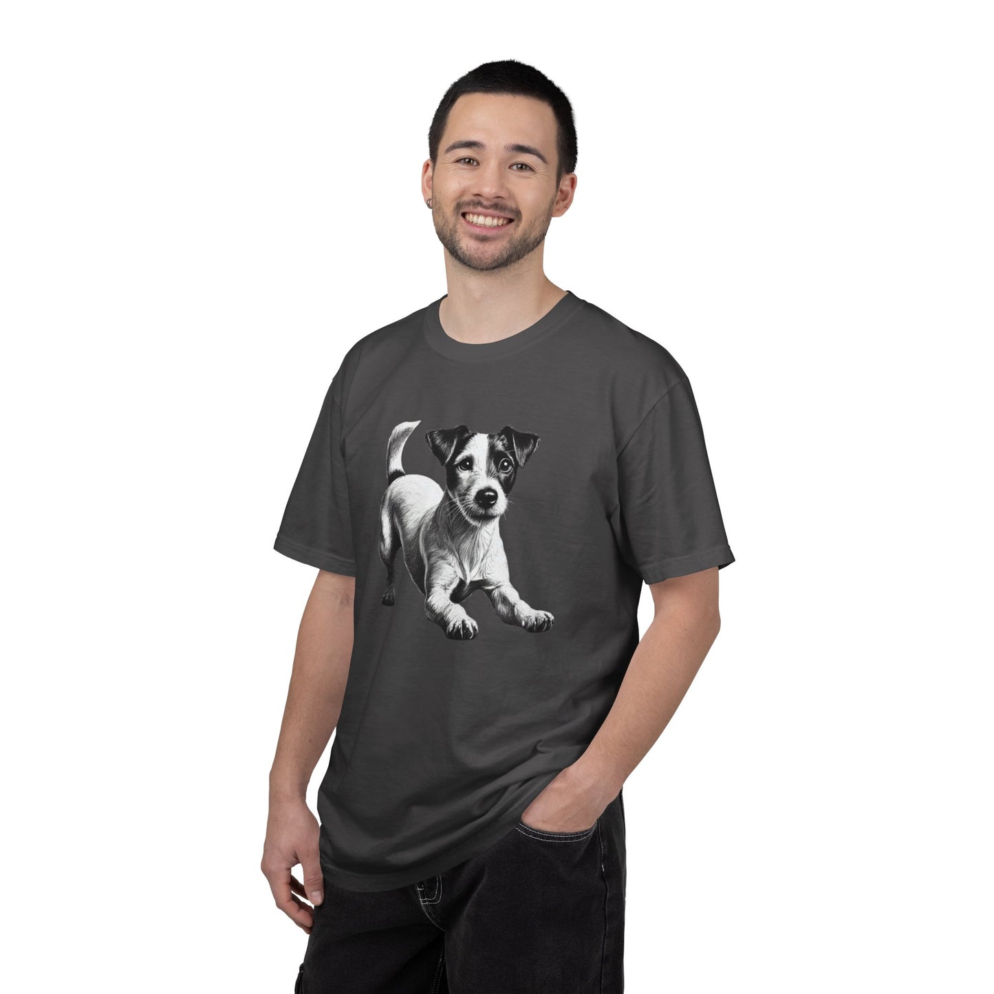 Jack Russell Puppy Graphic T-Shirt — Playful Dog Tee with Paw Print Back