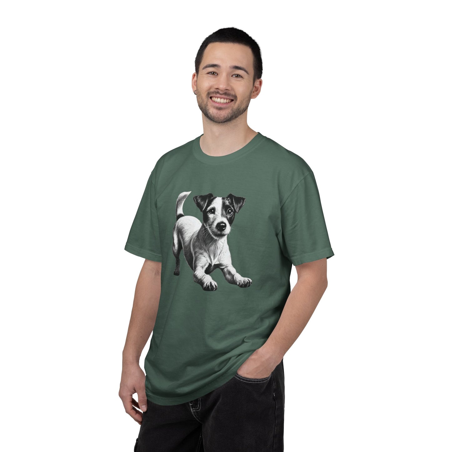 Jack Russell Puppy Graphic T-Shirt — Playful Dog Tee with Paw Print Back