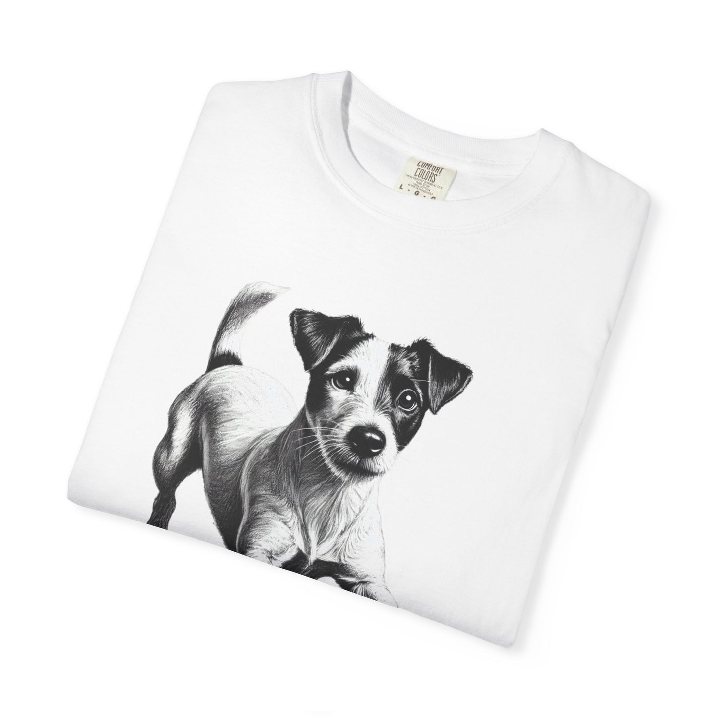 Jack Russell Puppy Graphic T-Shirt — Playful Dog Tee with Paw Print Back