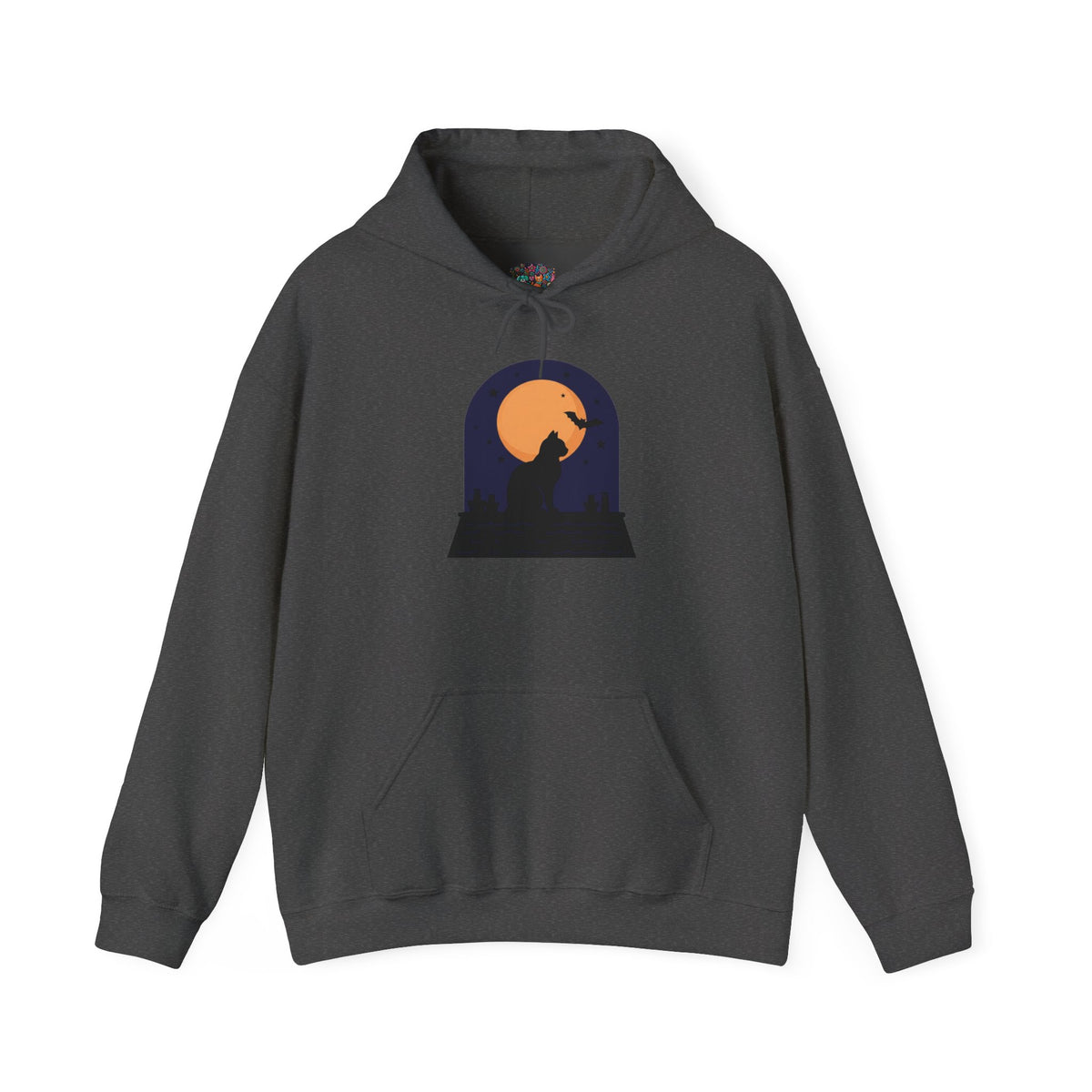 Black Cat Moon Silhouette Hoodie — Halloween Rooftop Scene