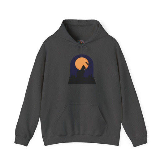 Black Cat Moon Silhouette Hoodie — Halloween Rooftop Scene
