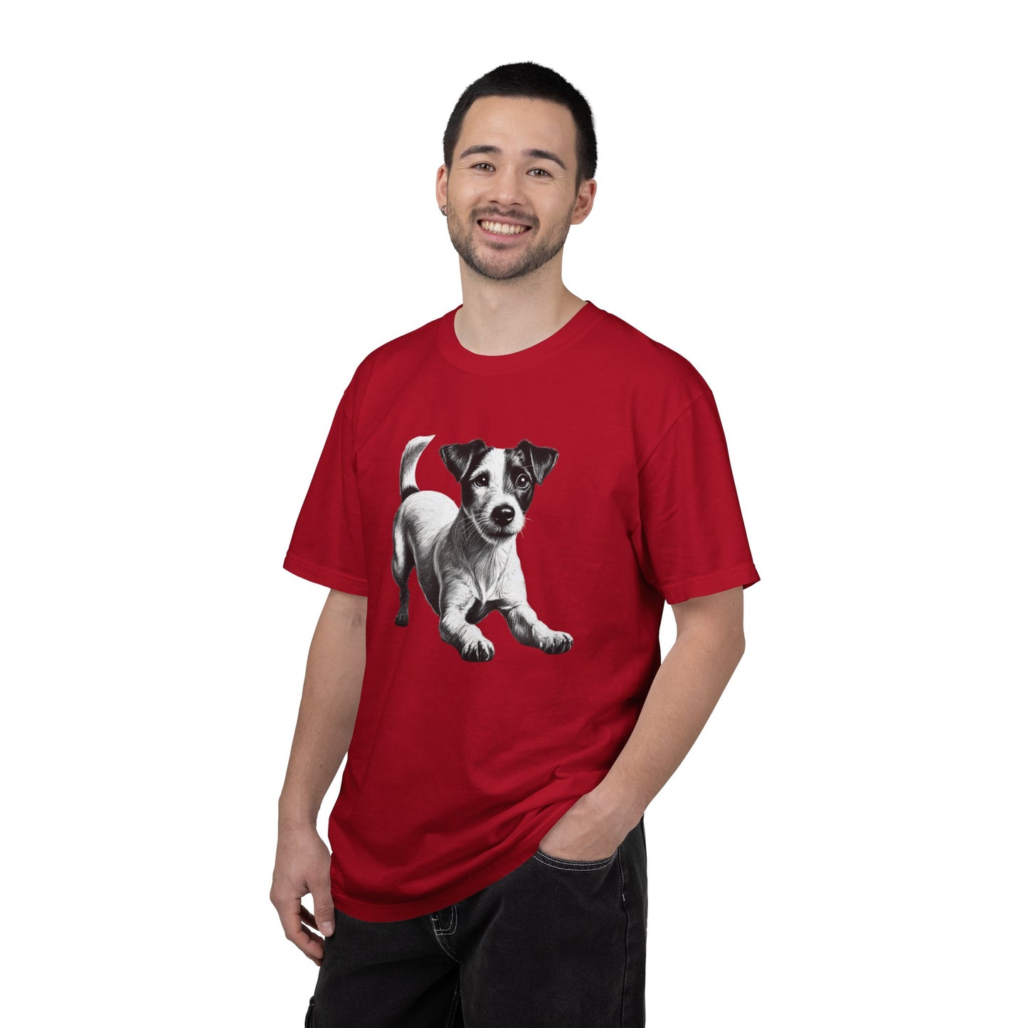 Jack Russell Puppy Graphic T-Shirt — Playful Dog Tee with Paw Print Back