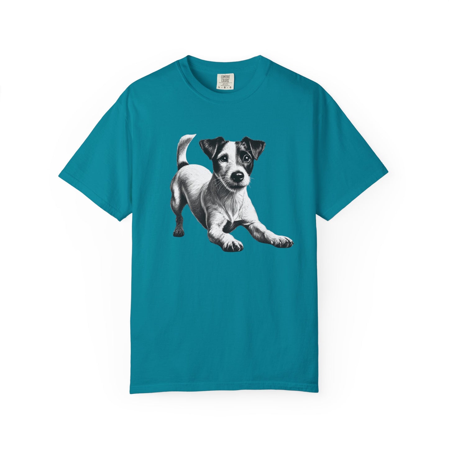 Jack Russell Puppy Graphic T-Shirt — Playful Dog Tee with Paw Print Back