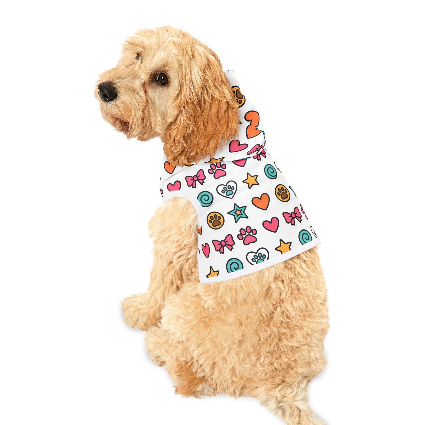 Cute Icons Pet Hoodie - Colorful Paw, Heart & Star Pattern for Small Dogs & Cats