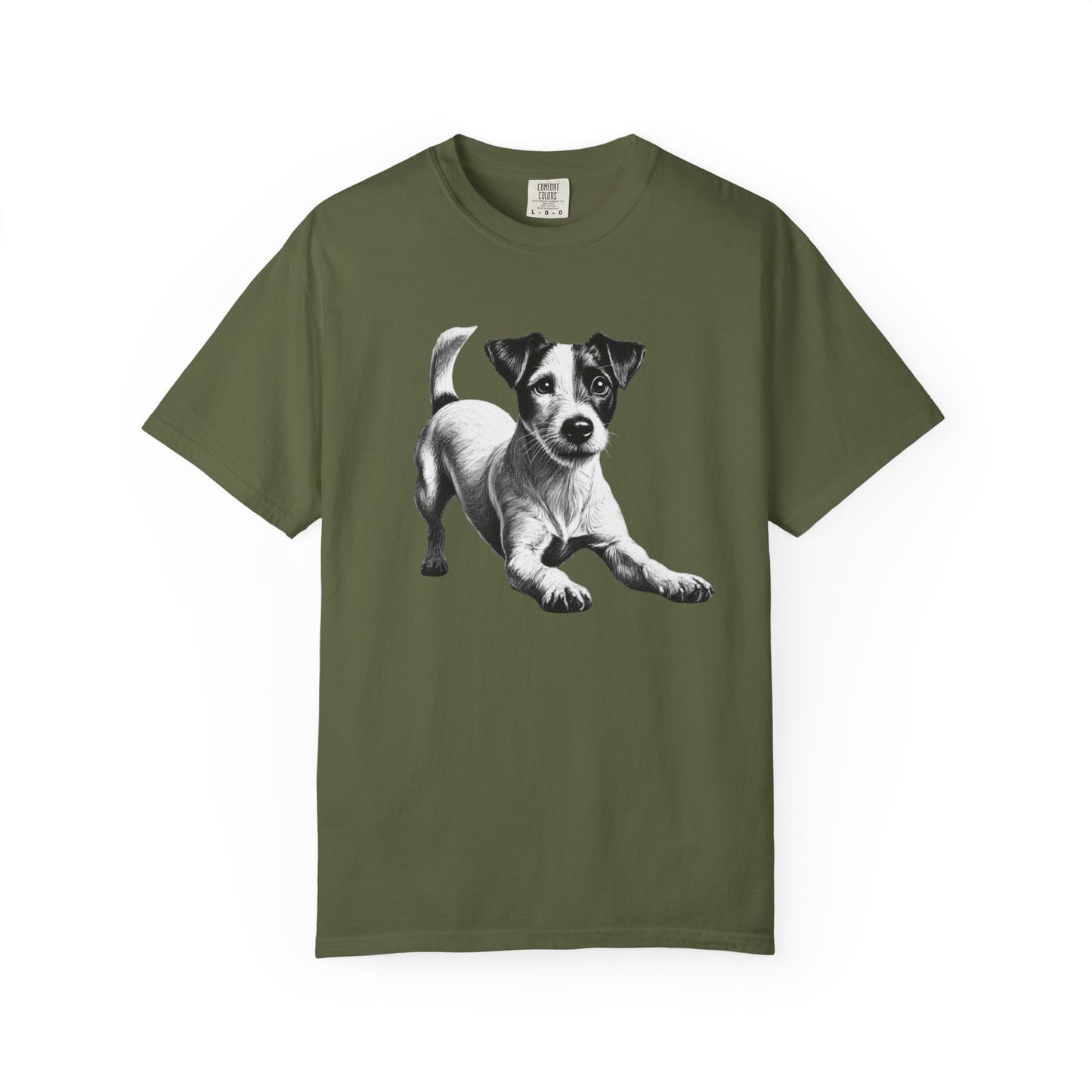 Jack Russell Puppy Graphic T-Shirt — Playful Dog Tee with Paw Print Back